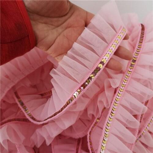 YACKALASI Sequins Chiffon Flower Lace 5 Yards Crepe Fringe Ruffled Appliqued Handwork Sewing Trims 4.5cm