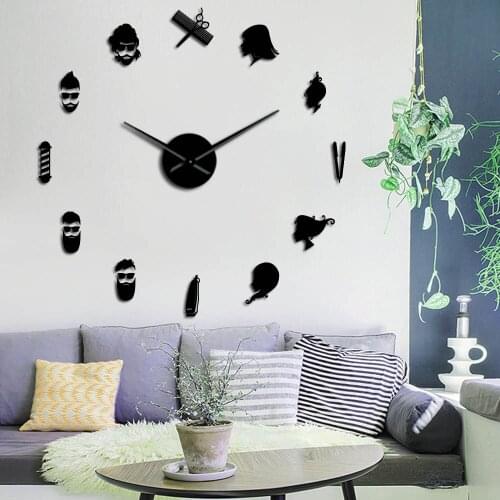 Barber Shop 3D DIY Mute Wall Clock Beauty Salon Wall Art Decor Giant Big Needle Frameless Clock Watch With Mirror Effect Sticker
