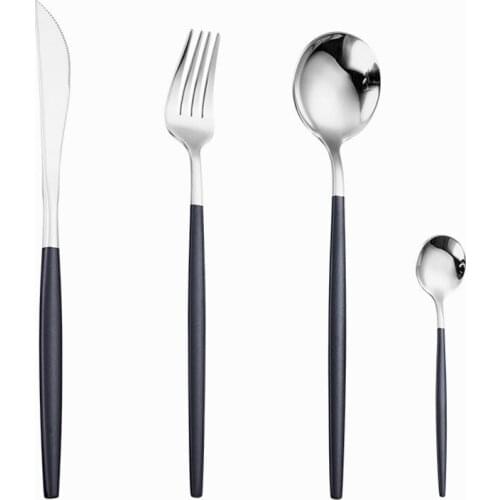 Black Silver 18/10 Stainless Steel Cutlery Set Tableware Silverware Dinnerware Salad Forks Spoon Knives Set Complete Dinner Set