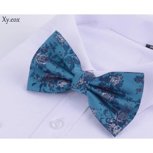 Business mens suit shirt accessories bow double pleat widened peacock blue green pattern bow tie