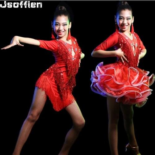 Children Tassel Latin Dance Dress Girl Ballroom Dance Competition Dresses Kids Sequin Fringe Salsa Dance Wear Tango Dresses