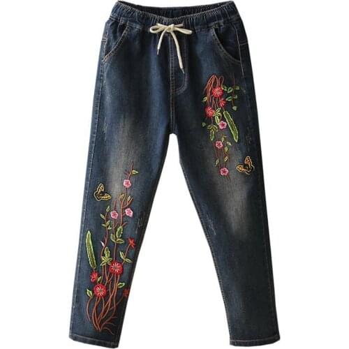 Casual Jeans Flower Embroidery Vintage Jeans Cotton Denim Pants Spring New Arrival Arts Style Women Elastic Waist Loose