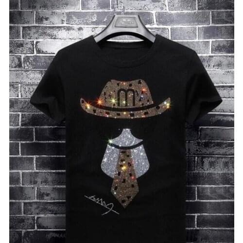 Summer New Casual Male T-shirts Man Crown Bee diamond Men T Shirts Fashion Black/white rhinestone Man T-shirt