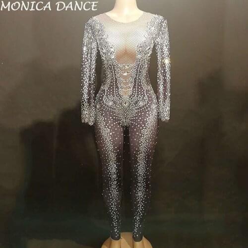 Sexy Stage Stretch Rhinestones Jumpsuit Womens Stage Nightclub Birthday Costume Dance Outfit Performance Rompers Dance Jumpsuit