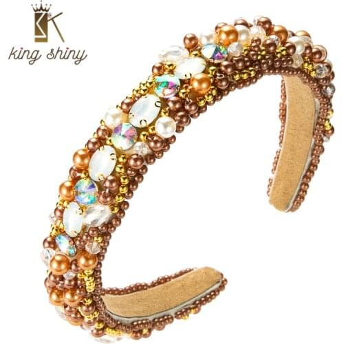 King Shiny Luxury Baroque Full Imitation Pearl Headband Elegant Color Geometric Crystal Beaded Hairband Girls Party Tiara Crowns