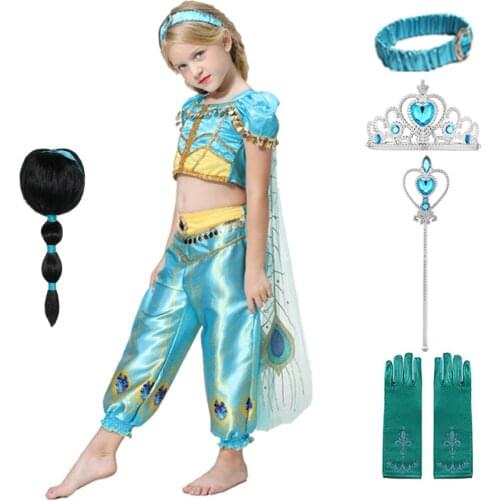 Jasmine Cosplay Costume Girls Kid Princess Skirt Aladdin Costumes Necklace Crown Earring Suit Halloween Dresses Jasmine Wig Cos