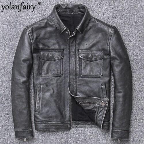 Genuine Leather Jacket Men Real Cow Leather Coat Spring and Autumn Slim Short Casual Long Sleeve Jacket Popular 2020 U-1790