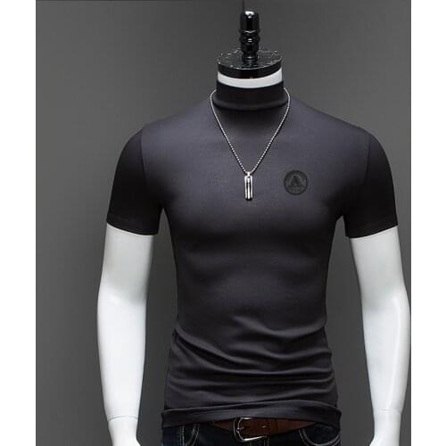 Mens Half Turtleneck T Shirt 2021 Fashion Badge Short Sleeve Tshirt Black Modal Slim Fit Tee