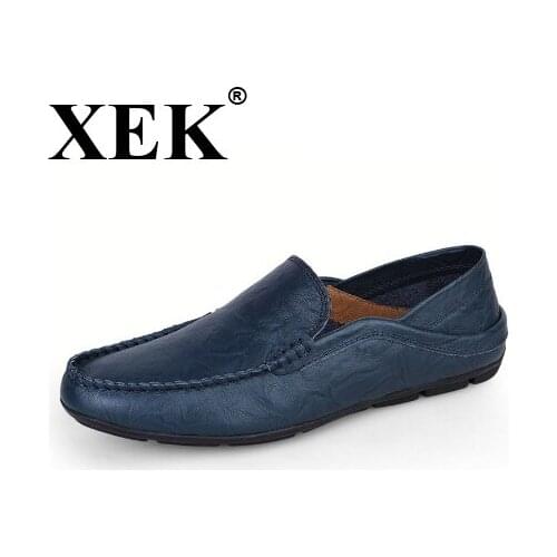 XEK Big size 37-46 slip on Casual men Loafers spring and autumn men Moccasins shoes Genuine leather mens Flats shoes New WFQ37