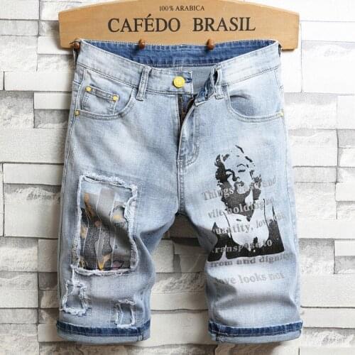 Mens Light Blue Jeans Shorts Good Quality Men Holes Denim Shorts New Summer Men Slim Fit Casual Jeans Thin Knee Length Jeans 38