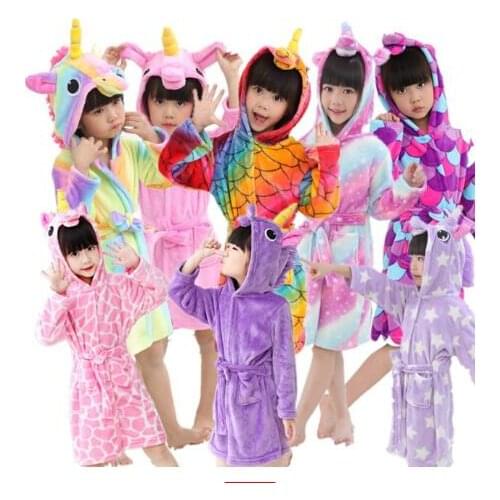 New Winter Big Boys Girls Bath Robe Children Unicorn Hooded Flannel Pajamas Lengthen Bathrobes for Teenage Boy Cartoon Pajamas