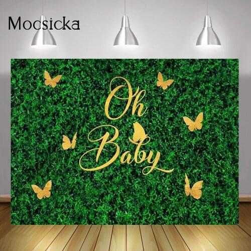 Oh Baby Shower Backdrop Green Grass Wall Newborn Children Birthday Party Background Golden Butterflies Photography Photocall