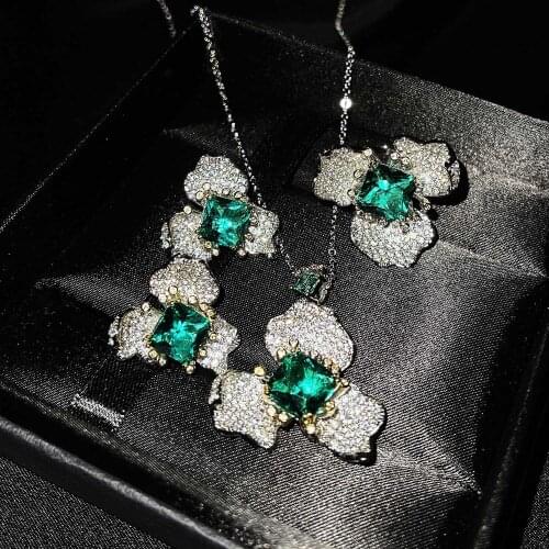 Luxury Jewelry Flower Earrings Temperament Fashion Emerald Adjustable Ring Pendant Set Female Jewelry Hypoallergenic