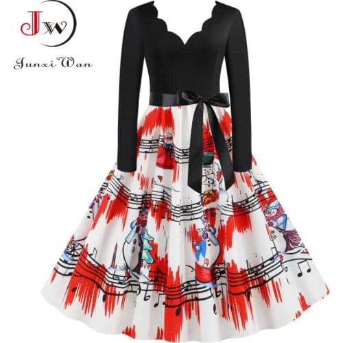 Christmas Dress Women Winter Long Sleeve V Neck Elegant Vintage Print Xmas Party Sundress Black Big Swing Robe Plus Size