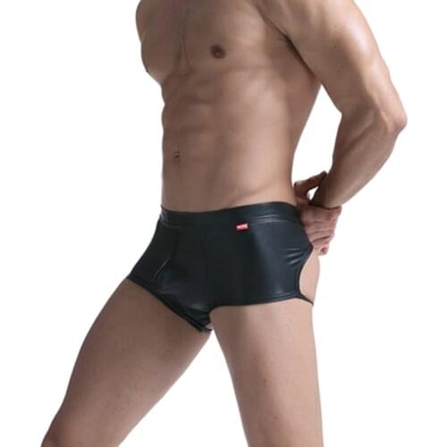 Sexy New Men Boxer Shorts Backless Jockstrap Gay Mens Underwear Boxers PU Leather Man Boxers Shorts Underpants Boxer Homme
