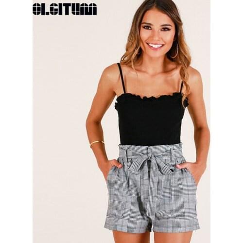 2020 Summer Mid Waist Straight Leg Shorts Tie Waist Plaid Shorts Women Elastic Waist Office Ladies Elegant Shorts PT326