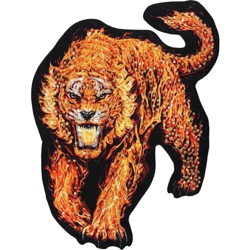 Embroidery Sequins Fashion Cool Big Large Fire Tiger Flowers Patch Applique Badge Clothes Patch, Sew on Patches for Clothes