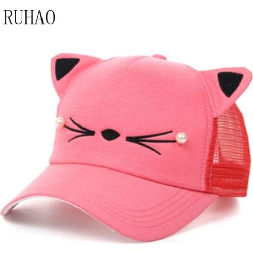 RUHAO Summer Women cat ears Mesh baseball cap Pearl Sanpback new Korean version of the tide child cap breathable girls net cap