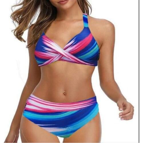 Plus Size Swimwear Sexy High Waisted Bandage Two Piece Swimsuit Swimming Suit Women Beach Wear Rainbow Bikini SetBiquini