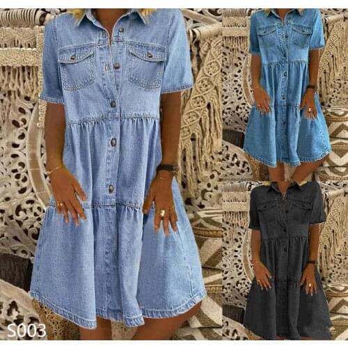 Women Summer Short Sleeve Denim Dresses Button Pockets Jeans Knee Length Dress Ladies Casual A-line Dresses