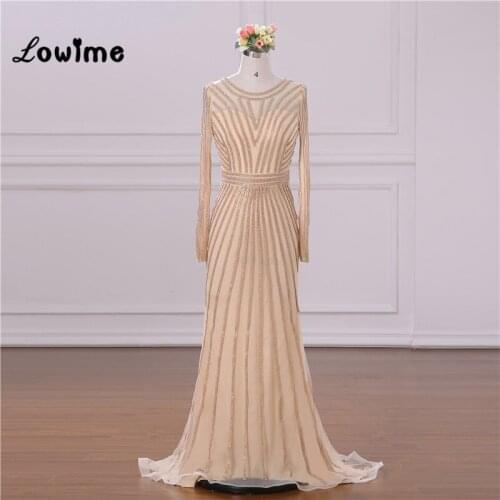 Champagne Beaded Mermaid Arabic Evening Dresses Abendkleider Formal Long Sleeve Women Party Gowns 2018 Real New Vestido De Festa