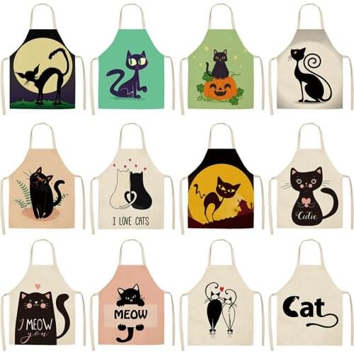 1Pc Black White Cat Kitchen Aprons For Women Cotton Linen Bibs Household Cleaning Pinafore Home Cooking Apron 53*65cm