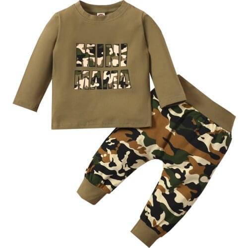 2Pc Autumn Baby Boys Outfit Toddlers Leisure MINI MAMA Print Long Sleeve Round Collar Tops Camouflage Pants Casual Set