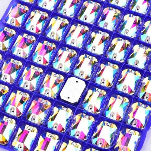 30pcs/Lot Rectangle Octagonal Rhinestone Glass Crystal AB Sew On Strass Flatback Sewing Wedding Dress Decoration DIY 13*18mm