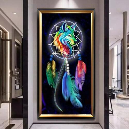 5D Diy Diamond Painting Indian Wolf Dream Catcher Mosaic Cross Stitch Needlework Diamond Embroidery Colorful Feathe Art Crafts