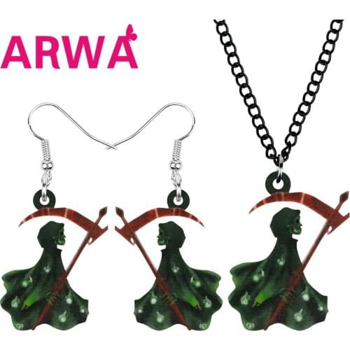 ARWA Acrylic Halloween Green Grim Reaper Jewelry Sets Long Necklace Earrings For Women Girls Novelty Festival Gift Decoration
