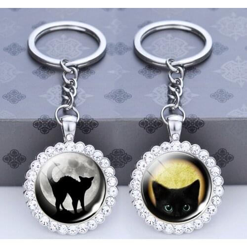 Black Cat Keychain Halloween Cat Key Ring Jewelry for Cat Lovers Glass Cabochon Rhinestone Pendant Keyring Gift