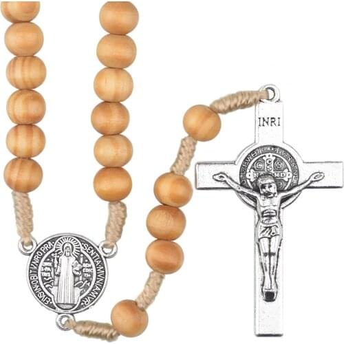 Pine Wood 8mm Beads St Benedict Cord Rosary Catholic Religious Rosaries Cross Necklace