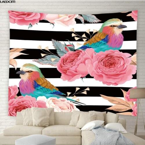 Floral Scenery Tapestry Modern Black White Striped Flowers Plant Leafs Bird Wall Hanging Hotel Living Room Bedroom Home Decor