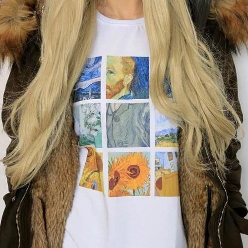 HAHAYULE Women Van Gogh Painting Vintage T-Shirt Tumblr Grunge Aesthetic Printed Tee Short Sleeves White Tops