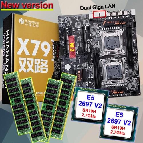 HUANANZHI X79-4D LGA 2011 Dual CPU Motherboard Mining Combo M.2 SSD Slot Dual CPU Intel Xeon E5 2697 V2 2.7GHz 32G RAM 4*8G RECC