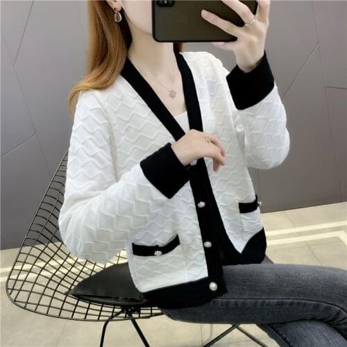 2021 Sale Room 207183 Side Row No.6 Middle] Real Shot V-neck Color Matching Pocket Knitted Cardigan 37