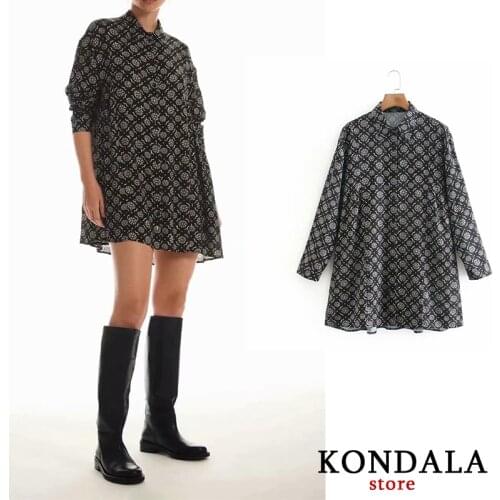 KONDALA Za Women Dress Vintage Geometric Print Loose Dress Long Sleeve Turn-Down Collar Shirt Mini Dress Mujer Vestidos