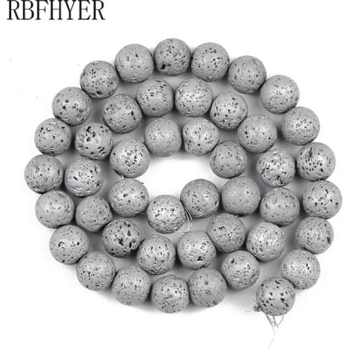 Natural Lava Plating Silvers Round Volcanic Stone For Jewelry Making DIY Earring Necklace Bracelet Pick Size 4/6/8/10/12MM