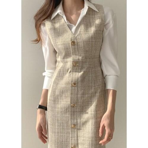 Alien Kitty Dress 2021 New Women Vintage V-Neck Straight Elegant Single Breasted Plaid Gentle Vest Long Female Office Lady