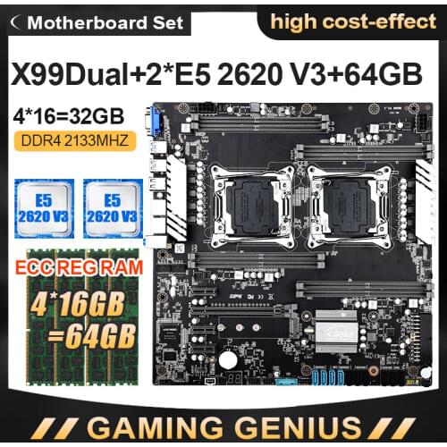 JINGSHA X99 Dual CPU Motherboard Set With E5-2620V3 CPU And DDR4 4*16GB=64GB ECC REG 2133MHZ Support PCIE 3.0 USB 3.0 SATA 3.0