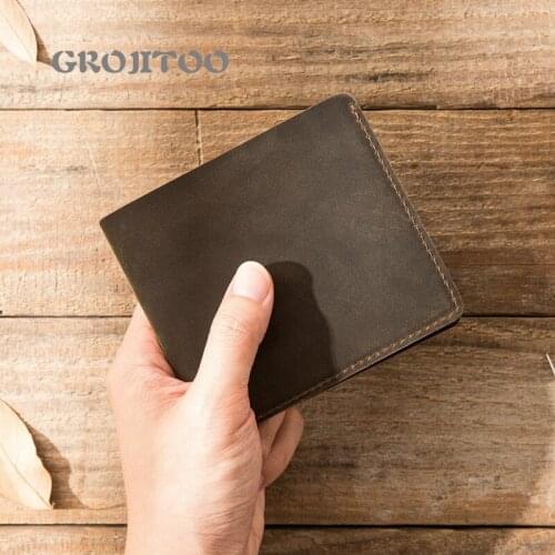 GROJITOO New leather youth coin bag top layer leather hand made short wallet, male and female mad horse leather purse