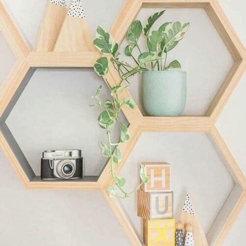 New colorful modern solid wood wall decoration rack wall decoration creative display rack honeycomb hexagon rack