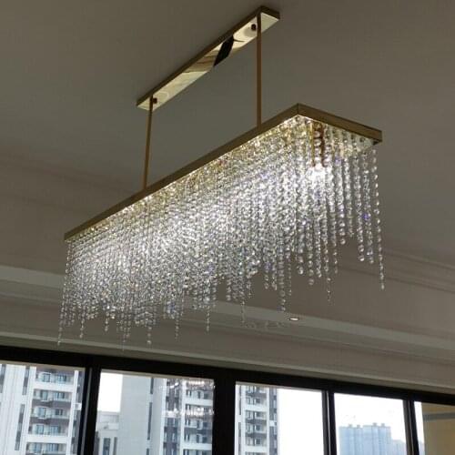 Dining Room Rectangle Gold Led Pendant Lights Modern K9 Crystals Lustre Pendant Lamp Dining Table Droplight Indoor Lighting Lamp