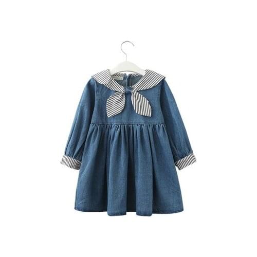 2 3 4 5 6 Years Toddler Girls Dresses 2019 Autumn Denim Long Sleeve Dress School Style Striped Collar Kids Clothing Girls Dress