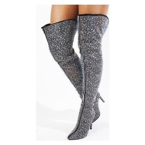 Moraima Snc Bling Bling Crystal Embellished High Heel Boots Sexy Pointed Toe Thigh High Shoes Winter Long Boots