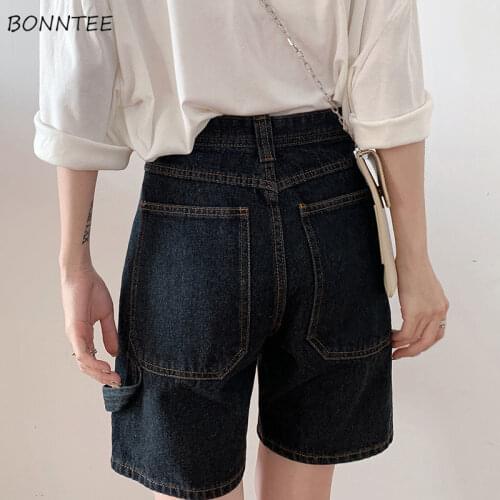 Shorts Women Black Straight Retro Casual Femme Simple Korean Style Fashionable Denim Pockets Summer All-match Minimalist Trouser