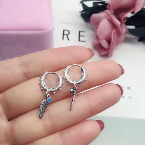 925 sterling silver vintage old turquoise feather earrings European and American fashion earrings