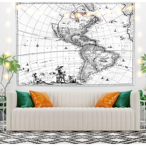 Gray Map White Tapestry Vintage Exotic Summer Plant Nature Frame for Bedroom Photography Wall Decor