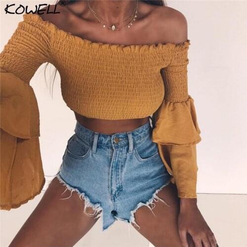Off Shoulder Sexy T Shirt Women Soild Cropped Top Slash Neck Flare Sleeve Slim Short Shirt Autumn Casual Tops for Women