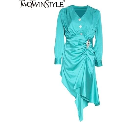 TWOTWINSTYLE Spring Irregular Dress Female V Neck Puff Sleeve High Waist Diamonds Dresses For Women Elegant Fashion 2020 Clothes